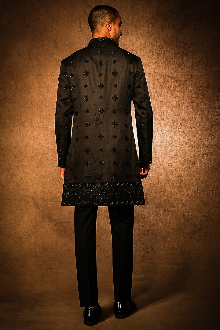 Black Linen Satin Dori & Sequins Embroidered Indo-Western Jacket by Char Chaand at Pernia's Pop Up Shop