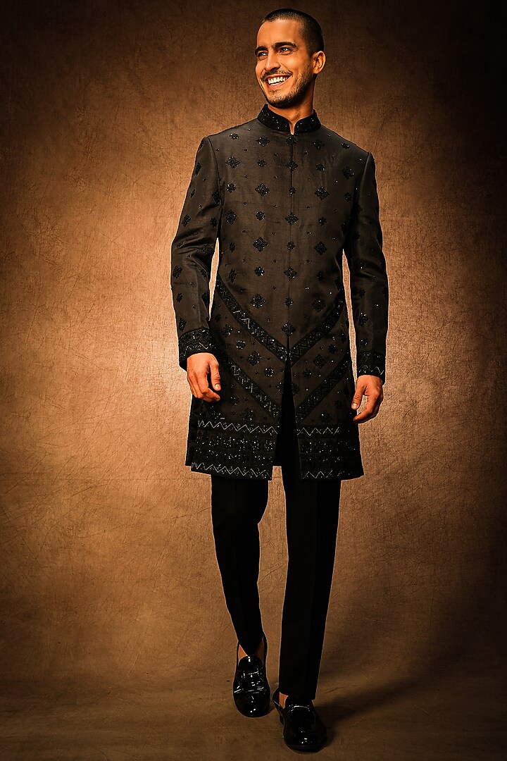 Black Linen Satin Dori & Sequins Embroidered Indo-Western Jacket by Char Chaand at Pernia's Pop Up Shop