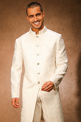 Ivory Texture Indo-Western Jacket by Char Chaand
