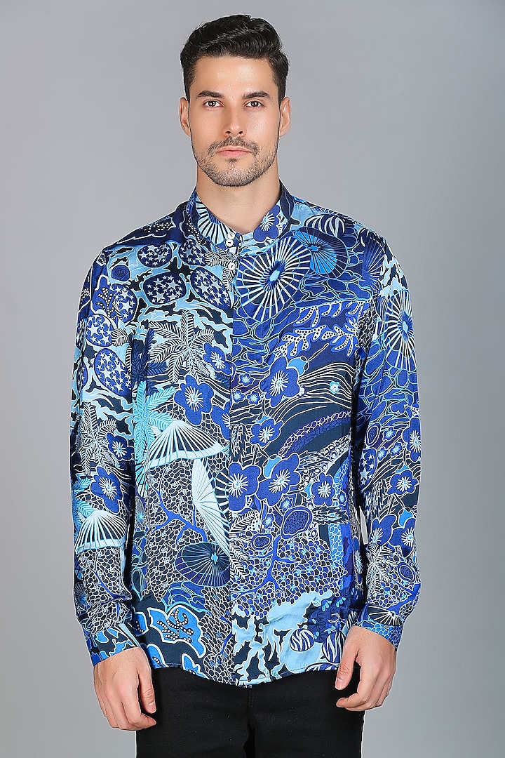 Midnight Blue Luxurious Satin Silk Digital Printed Shirt by Char Chaand