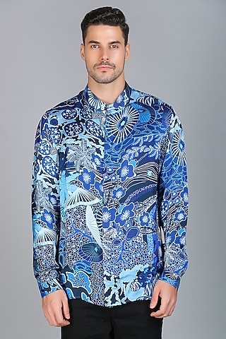 Midnight Blue Luxurious Satin Silk Digital Printed Shirt by Char Chaand