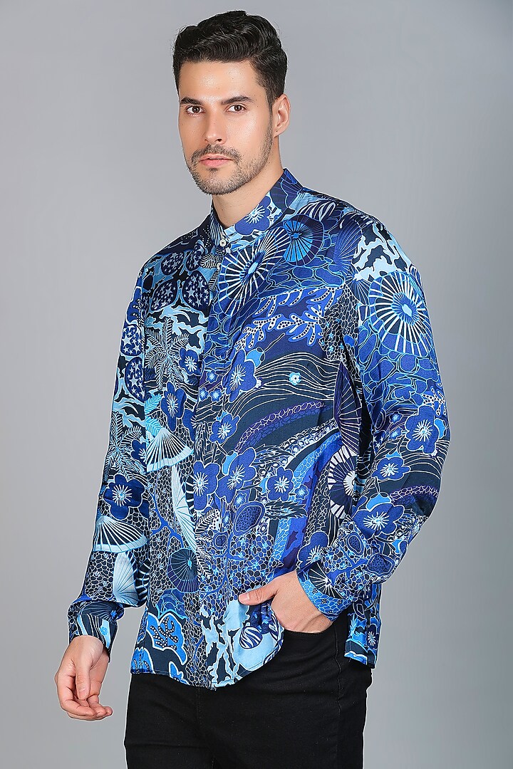 Midnight Blue Luxurious Satin Silk Digital Printed Party Wear Shirt by Char Chaand at Pernia's Pop Up Shop