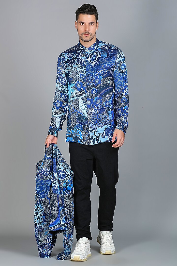 Midnight Blue Luxurious Satin Silk Digital Printed Party Wear Shirt by Char Chaand at Pernia's Pop Up Shop