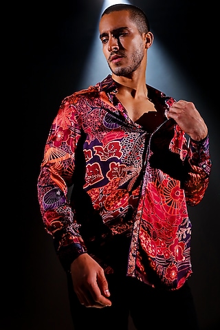 Midnight Wine Luxurious Satin Silk Digital Printed Shirt by Char Chaand