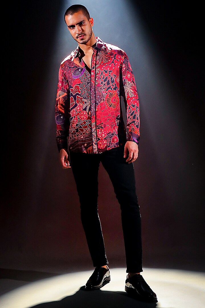 Midnight Wine Luxurious Satin Silk Digital Printed Party Wear Shirt by Char Chaand at Pernia's Pop Up Shop