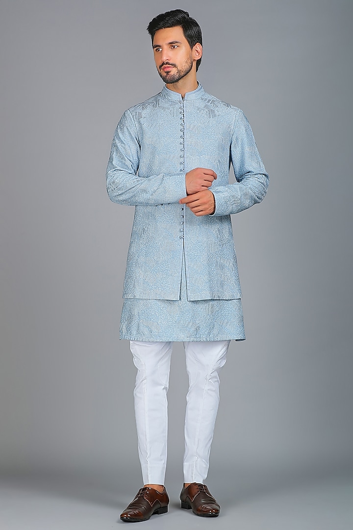 Powder Blue Linen Silk Chikankari Embroidered Nehru Jacket Set by Char Chaand