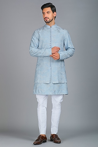 Powder Blue Linen Silk Chikankari Embroidered Indo westernJacket Set by Char Chaand