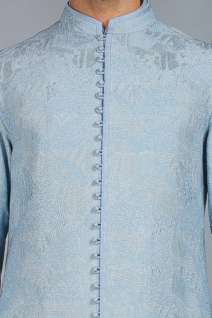 Powder Blue Linen Silk Chikankari Embroidered Indo westernJacket Set by Char Chaand at Pernia's Pop Up Shop