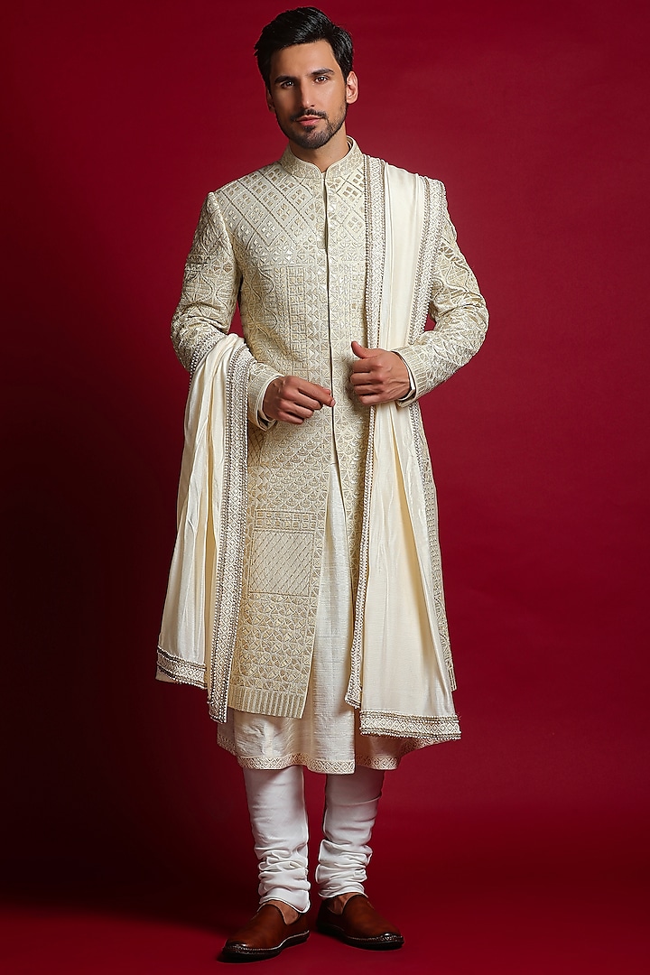 Cream Handwoven Silk Gota Embellished Sherwani Set by Char Chaand