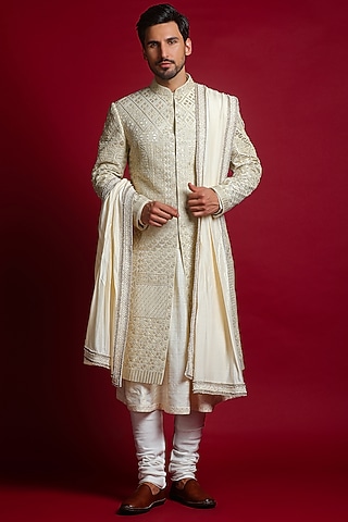 Cream Handwoven Silk Gota Embellished Sherwani Set by Char Chaand