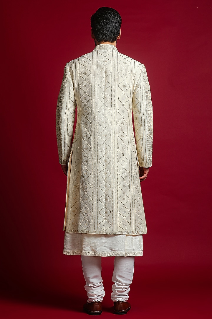 Cream Handwoven Silk Gota Embellished Groom Sherwani Set by Char Chaand at Pernia's Pop Up Shop