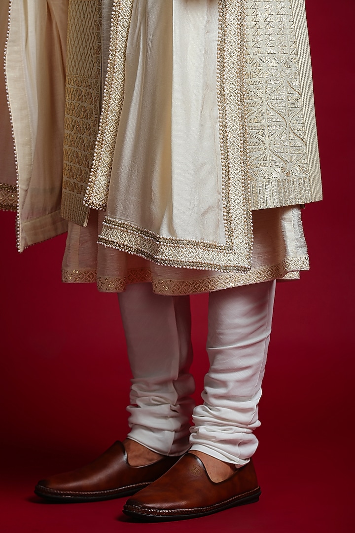 Cream Handwoven Silk Gota Embellished Groom Sherwani Set by Char Chaand at Pernia's Pop Up Shop