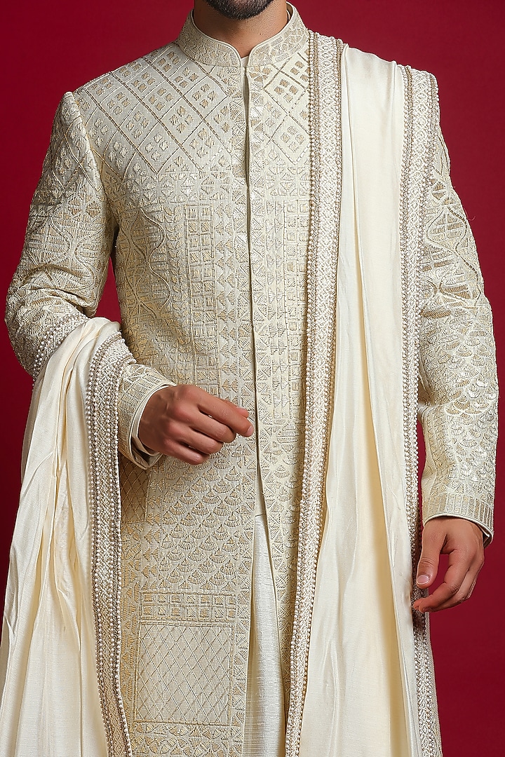 Cream Handwoven Silk Gota Embellished Groom Sherwani Set by Char Chaand at Pernia's Pop Up Shop