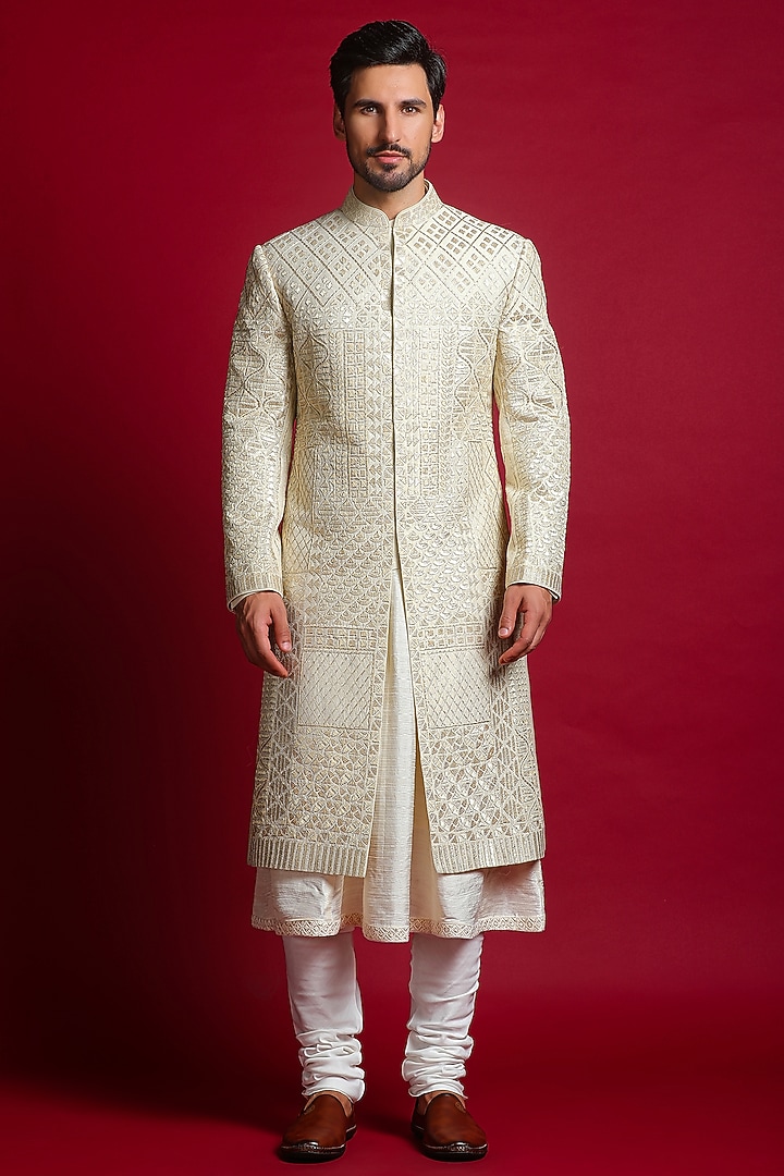 Cream Handwoven Silk Gota Embellished Groom Sherwani Set by Char Chaand at Pernia's Pop Up Shop