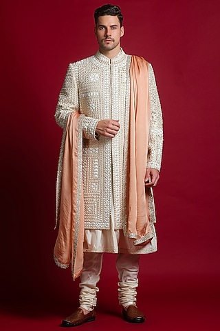 Cream Handwoven Zari Blend Linen Silk Mirror Embroidered Sherwani Set by Char Chaand
