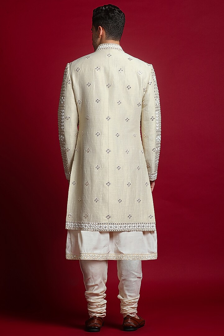 Cream Handwoven Zari Blend Linen Silk Mirror Embroidered Groom Sherwani Set by Char Chaand at Pernia's Pop Up Shop