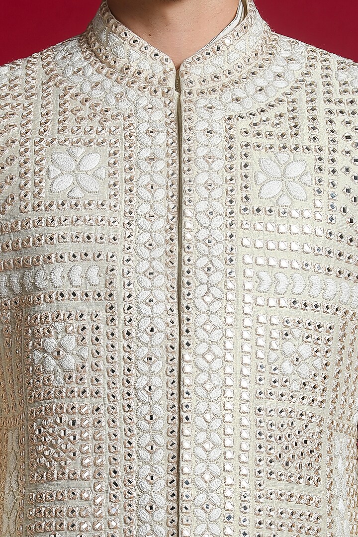 Cream Handwoven Zari Blend Linen Silk Mirror Embroidered Groom Sherwani Set by Char Chaand at Pernia's Pop Up Shop