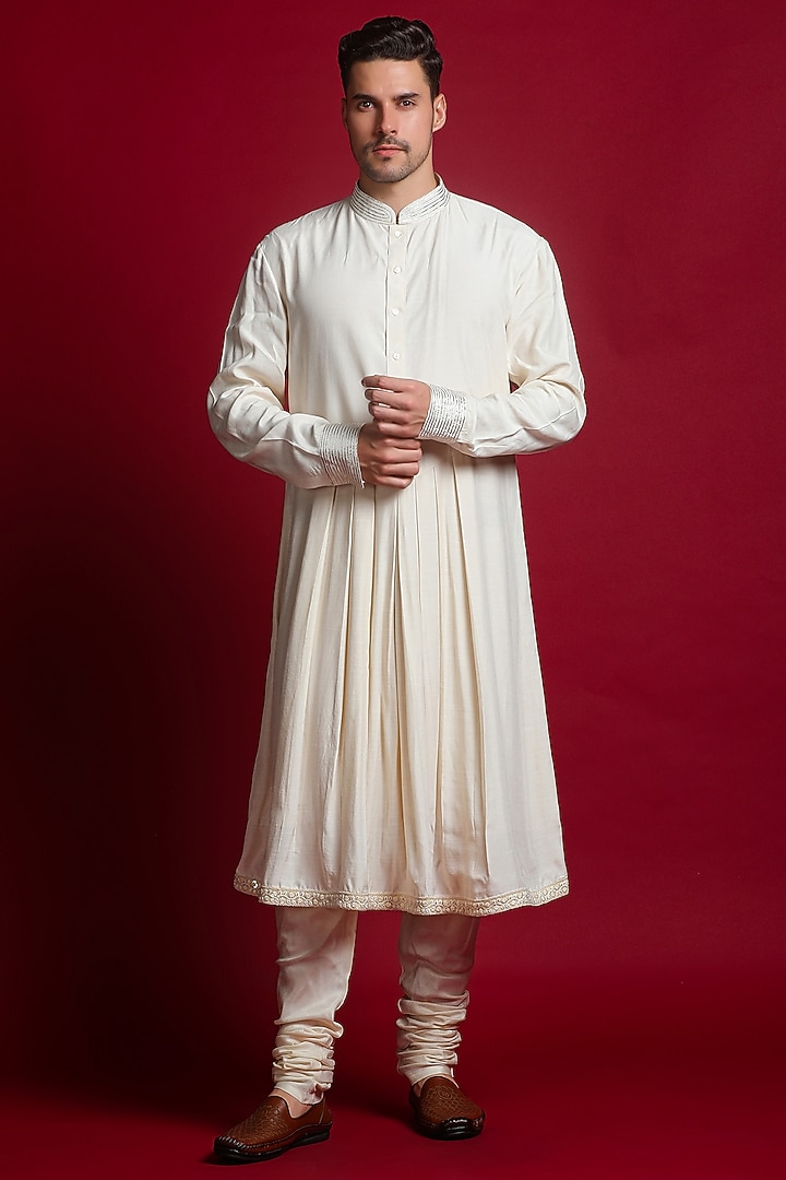 Cream Handwoven Zari Blend Linen Silk Mirror Embroidered Groom Sherwani Set by Char Chaand at Pernia's Pop Up Shop
