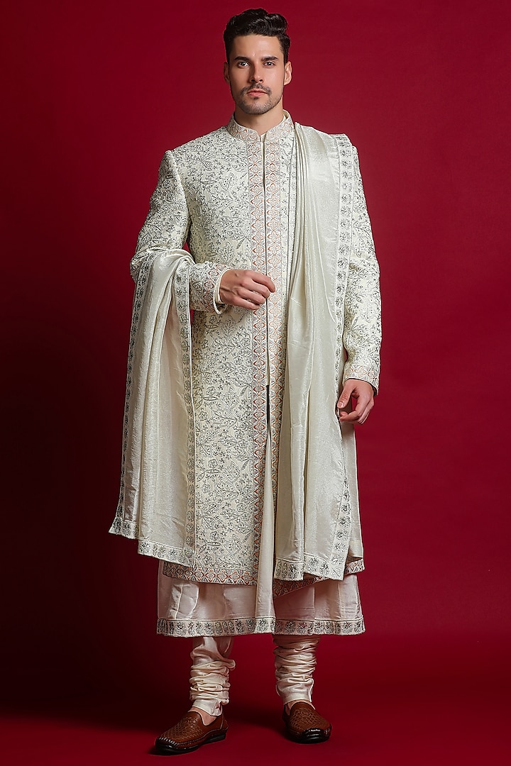 Cream Dola Silk Zari & Sequins Embroidered Sherwani Set by Char Chaand