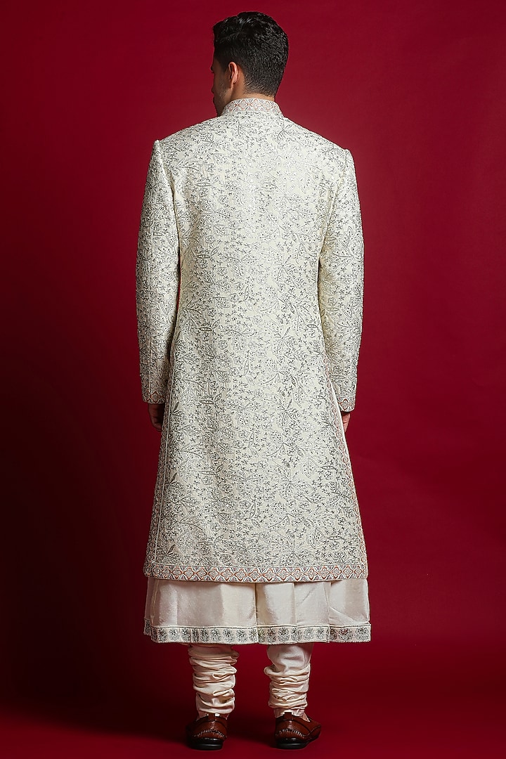 Cream Dola Silk Zari & Sequins Embroidered Wedding Sherwani Set by Char Chaand at Pernia's Pop Up Shop