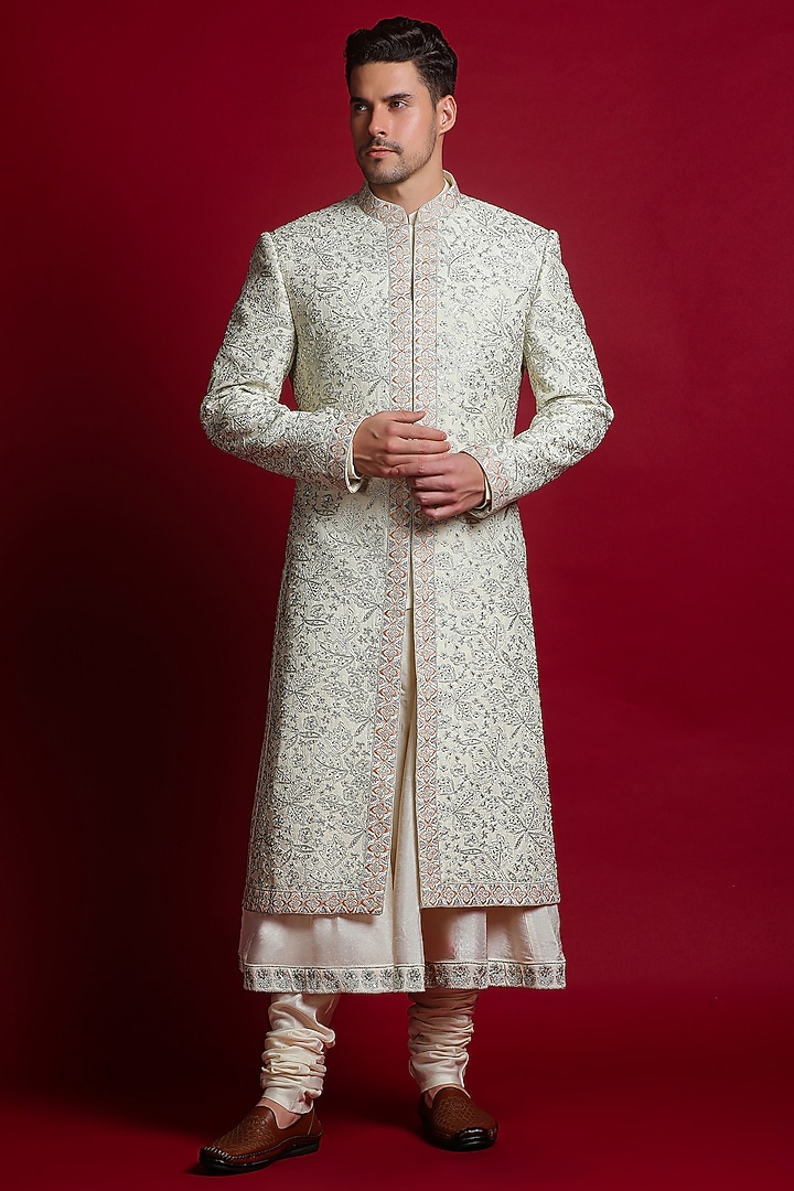 Cream Dola Silk Zari & Sequins Embroidered Wedding Sherwani Set by Char Chaand at Pernia's Pop Up Shop