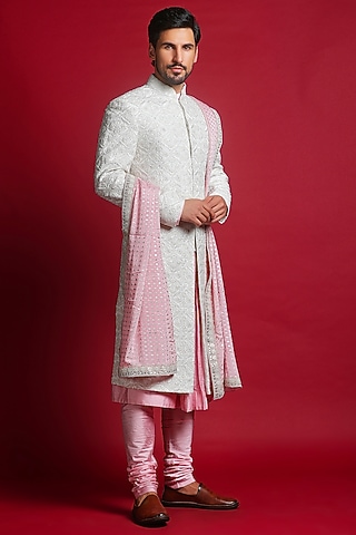 Ivory Satin Silk Resham & Glass Bead Embroidered Sherwani Set by Char Chaand