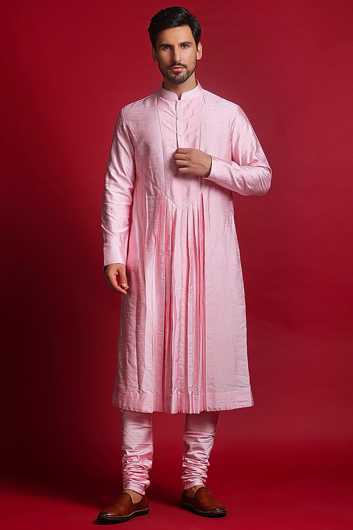 Ivory Satin Silk Resham & Glass Bead Embroidered Groom Sherwani Set by Char Chaand at Pernia's Pop Up Shop