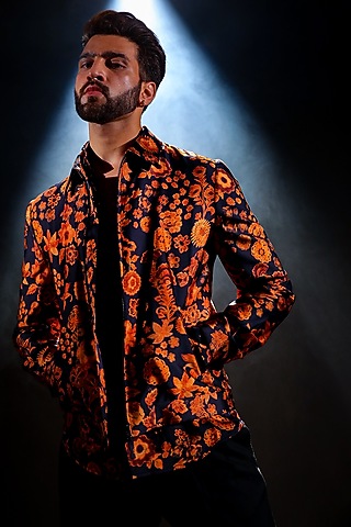 Black Viscose Satin Digital Abstract Printed Bomber Jacket by Char Chaand