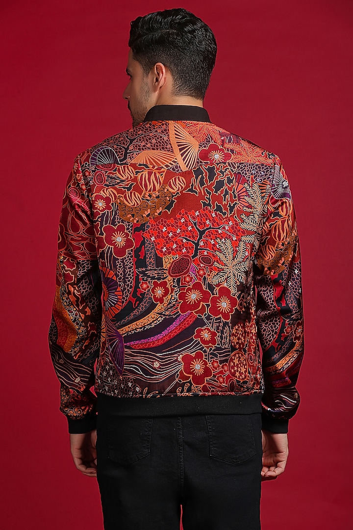 Black Satin Silk Digital Abstract Printed Bomber Jacket by Char Chaand at Pernia's Pop Up Shop