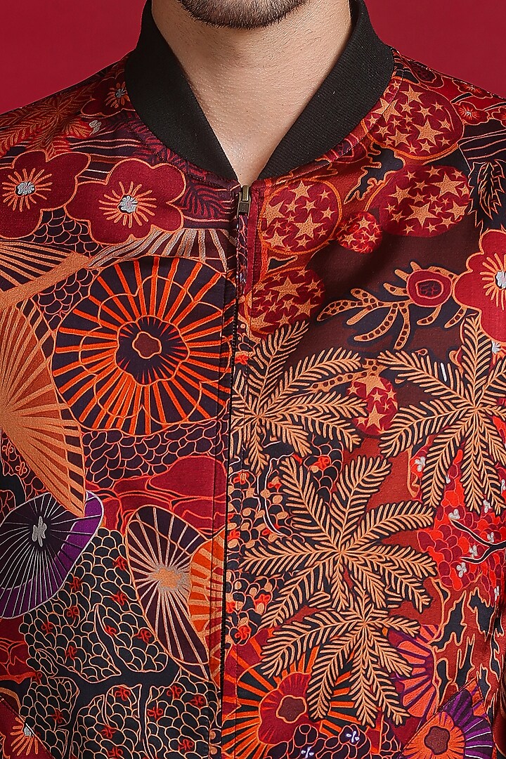 Black Satin Silk Digital Abstract Printed Bomber Jacket by Char Chaand at Pernia's Pop Up Shop