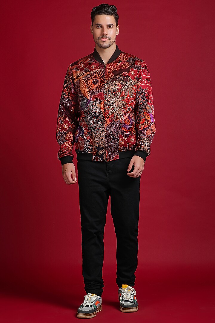 Black Satin Silk Digital Abstract Printed Bomber Jacket by Char Chaand at Pernia's Pop Up Shop