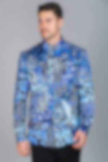 Blue Satin Silk Digital Abstract Printed Bandhgala Jacket  by Char Chaand