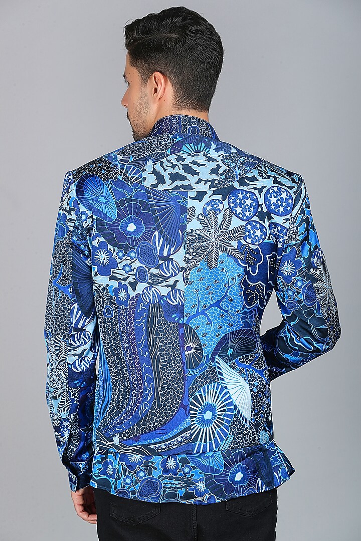 Blue Satin Silk Digital Abstract Printed Bandhgala Jacket by Char Chaand at Pernia's Pop Up Shop