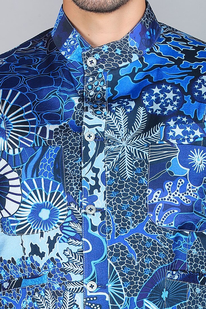 Blue Satin Silk Digital Abstract Printed Bandhgala Jacket by Char Chaand at Pernia's Pop Up Shop