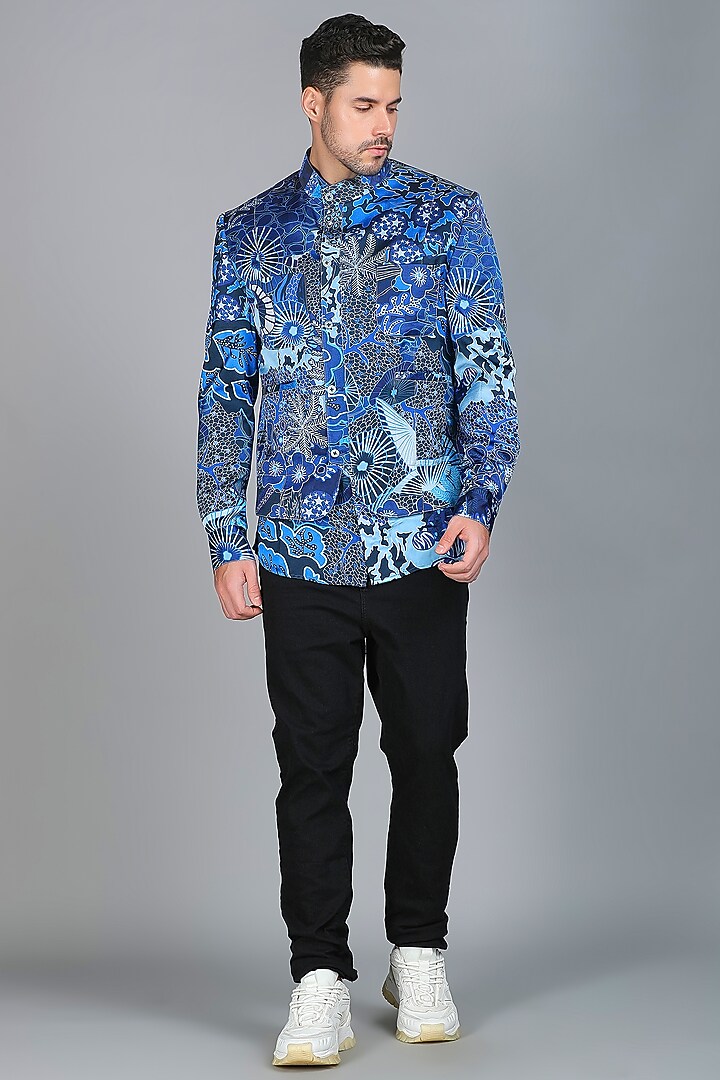 Blue Satin Silk Digital Abstract Printed Bandhgala Jacket by Char Chaand at Pernia's Pop Up Shop