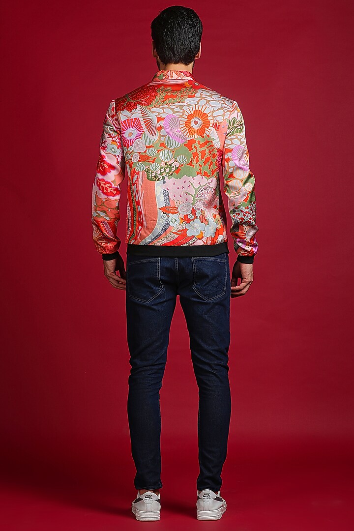 Orange Satin Silk Digital Abstract Printed Bomber Jacket by Char Chaand at Pernia's Pop Up Shop