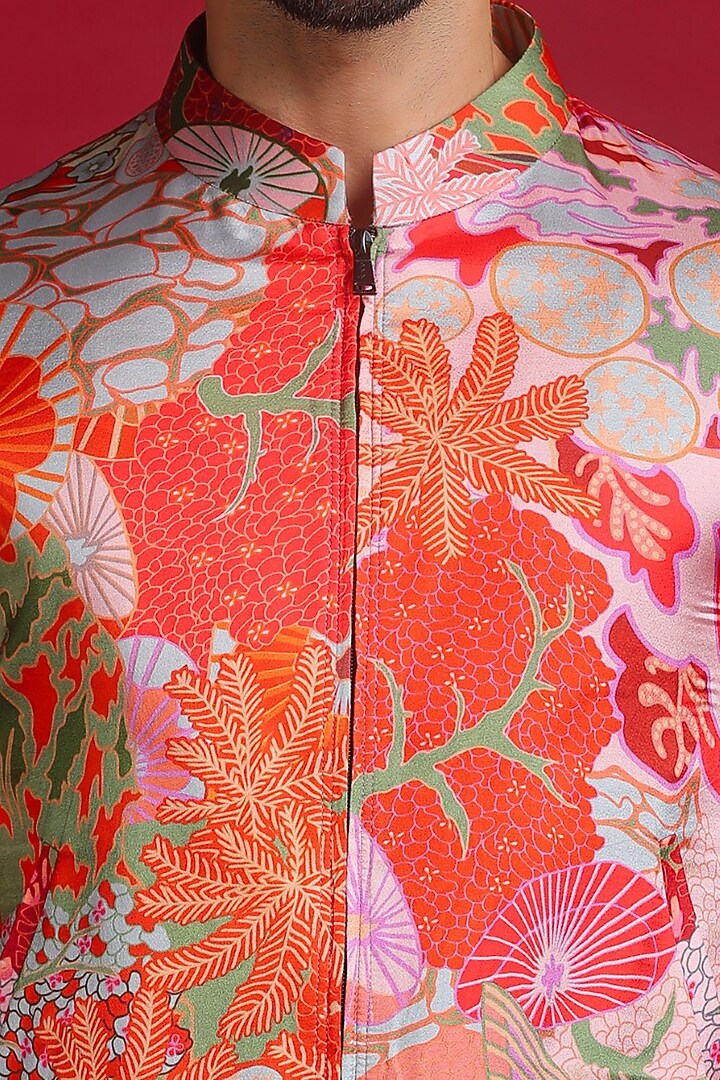 Orange Satin Silk Digital Abstract Printed Bomber Jacket by Char Chaand at Pernia's Pop Up Shop