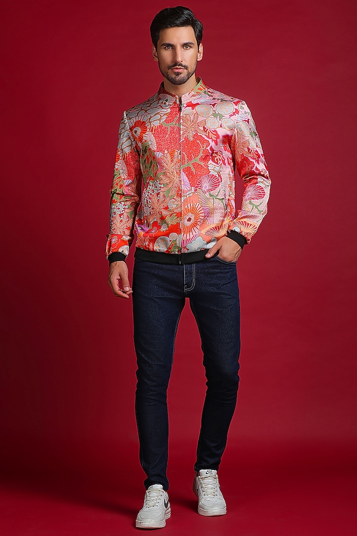 Orange Satin Silk Digital Abstract Printed Bomber Jacket by Char Chaand at Pernia's Pop Up Shop