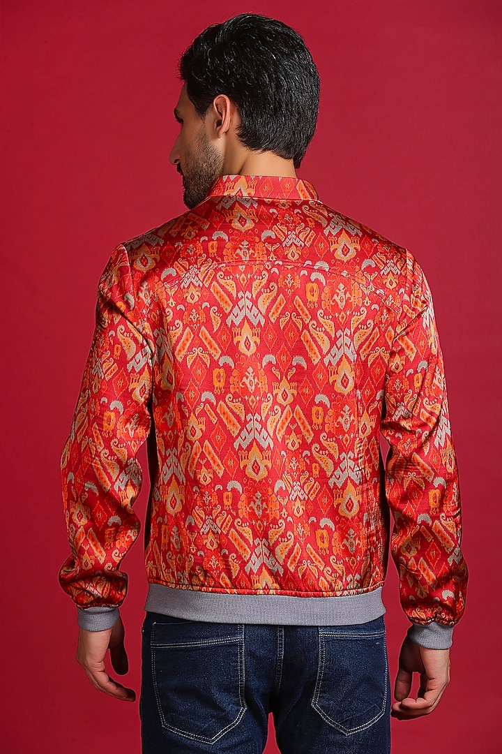 Red Satin Silk Digital Ikat Printed Bomber Jacket by Char Chaand at Pernia's Pop Up Shop