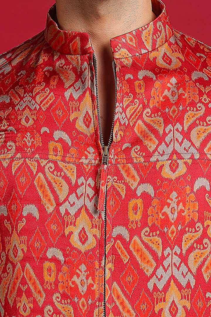 Red Satin Silk Digital Ikat Printed Bomber Jacket by Char Chaand at Pernia's Pop Up Shop