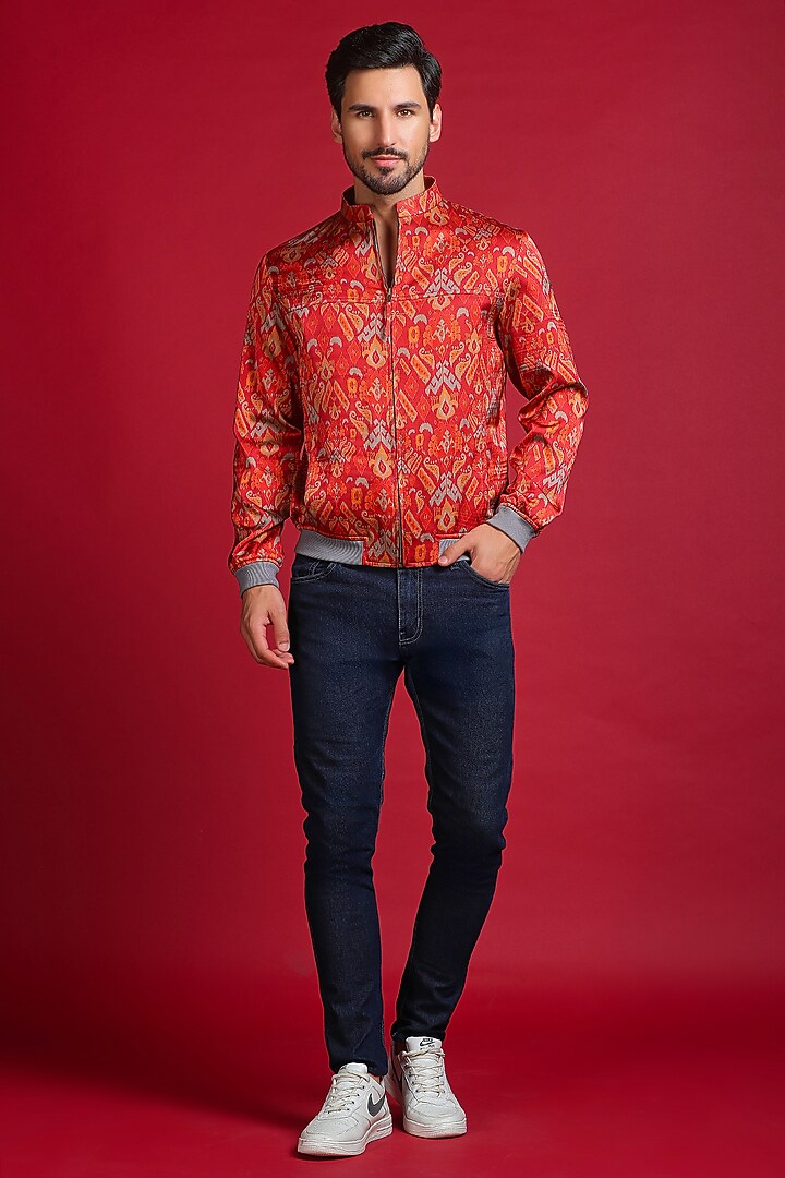 Red Satin Silk Digital Ikat Printed Bomber Jacket by Char Chaand at Pernia's Pop Up Shop