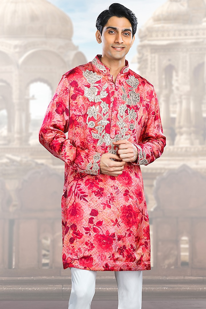 Rani Rose Pink Satin Silk Dori Embellished & Floral Printed Kurta by Char Chaand at Pernia's Pop Up Shop