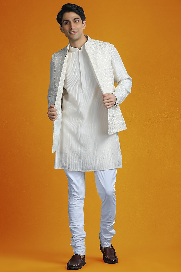 Ivory Silk Thread Embroidered Bundi Jacket With Kurta by Char Chaand