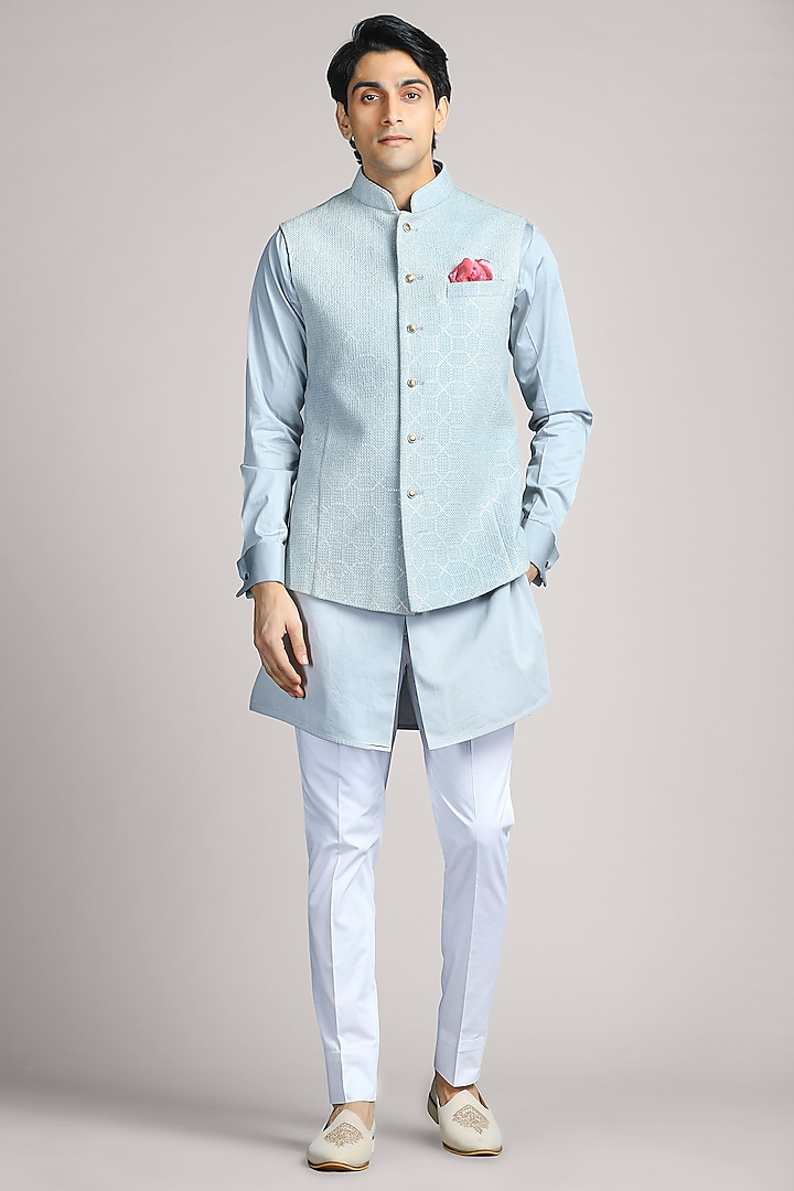 Bluish Grey Cotton Thread Embroidered Bundi Jacket With Kurta by Char Chaand