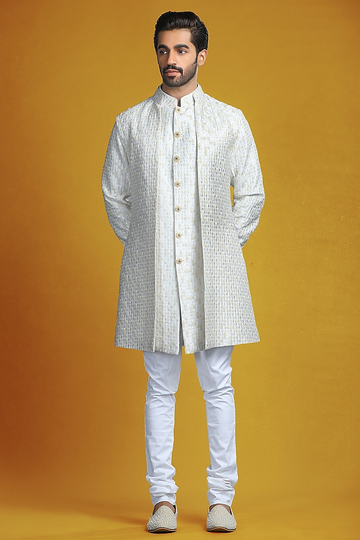 Ivory Silk Thread Embroidered Bundi Jacket With Kurta by Char Chaand