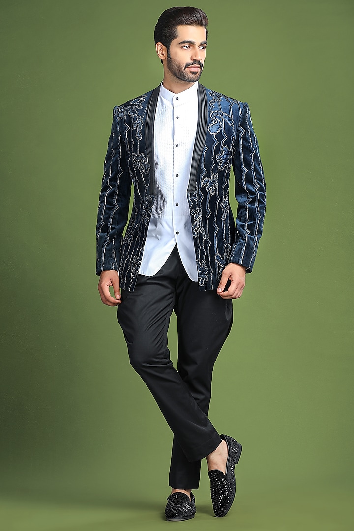 Navy Blue Velvet Glass Bead Embroidered Tuxedo Jacket by Char Chaand at Pernia's Pop Up Shop