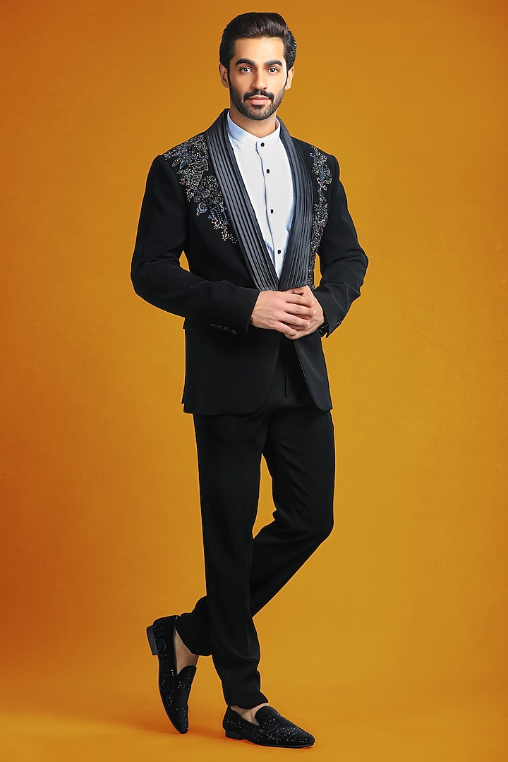 Black Japanese Hand Embroidered Tuxedo Set by Char Chaand at Pernia's Pop Up Shop