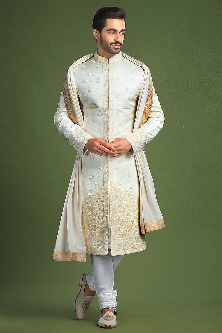 Ivory Linen Satin Dori Embroidered Groom Sherwani Set by Char Chaand at Pernia's Pop Up Shop