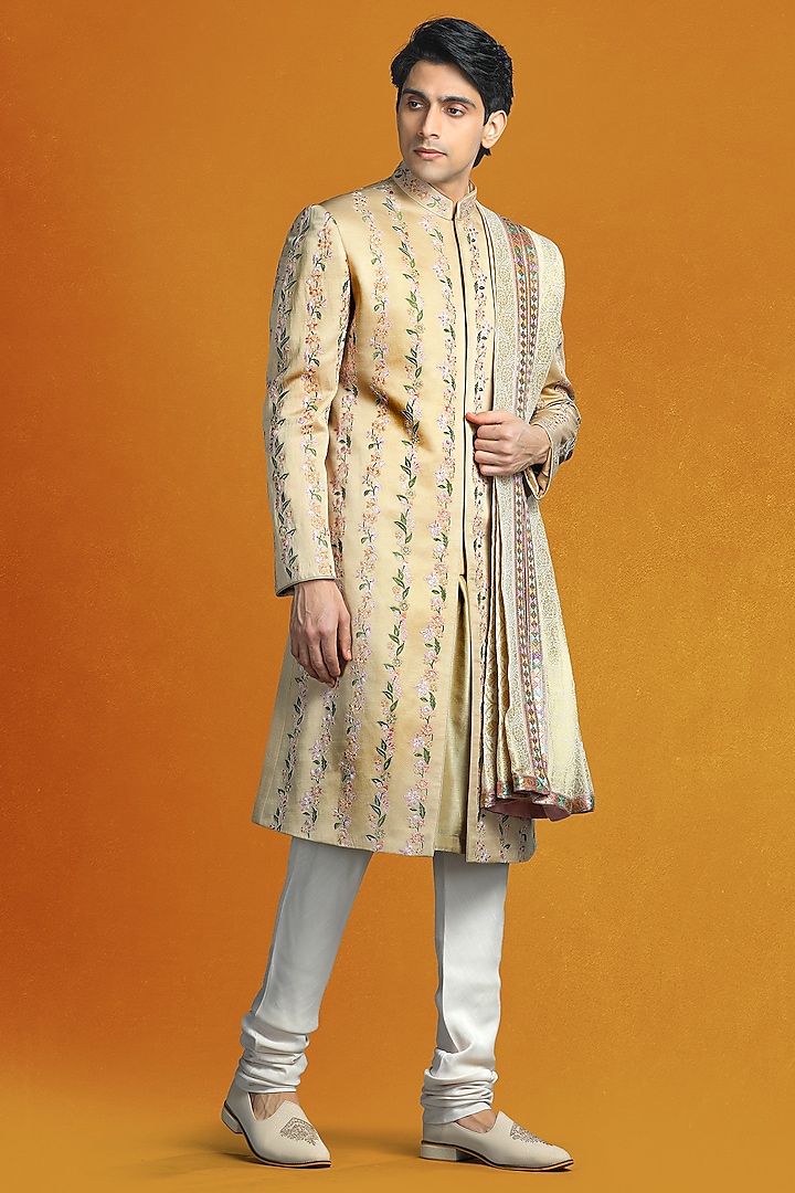 Beige Linen Satin Floral Motif Embroidered Wedding Sherwani Set by Char Chaand at Pernia's Pop Up Shop