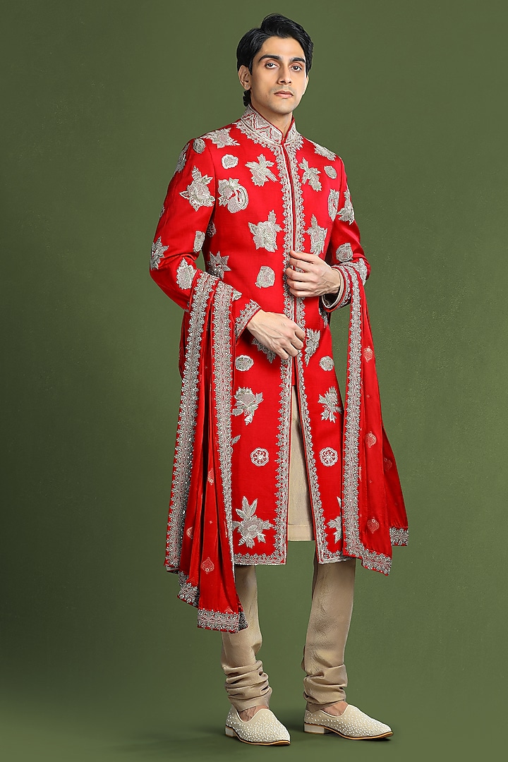 Red Linen Satin Zardosi & Aari Embroidered Sherwani Set by Char Chaand